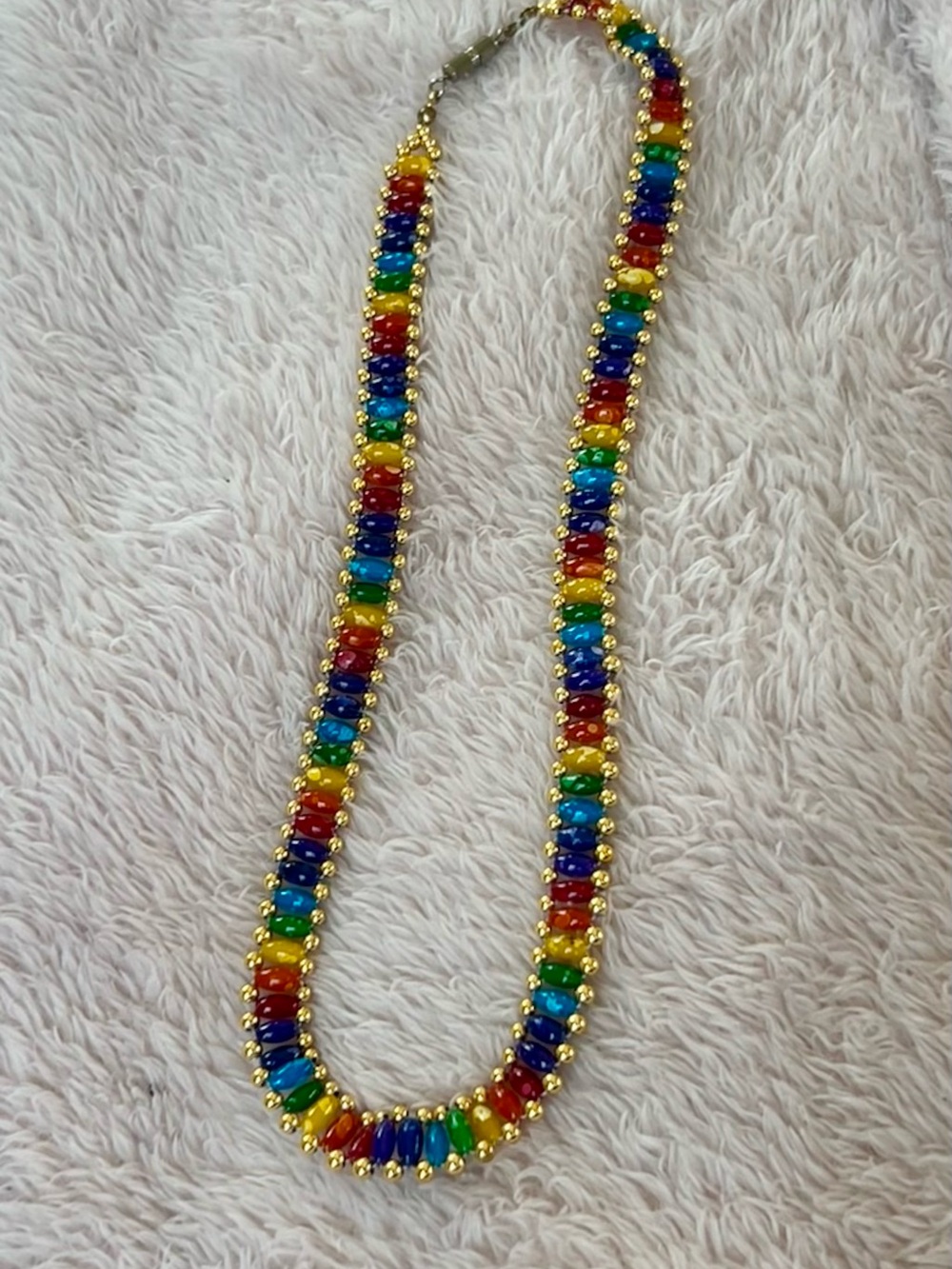 Vintage-Style Rainbow Glass Bead Choker Necklace Gold Tone Y2K Pride Statement